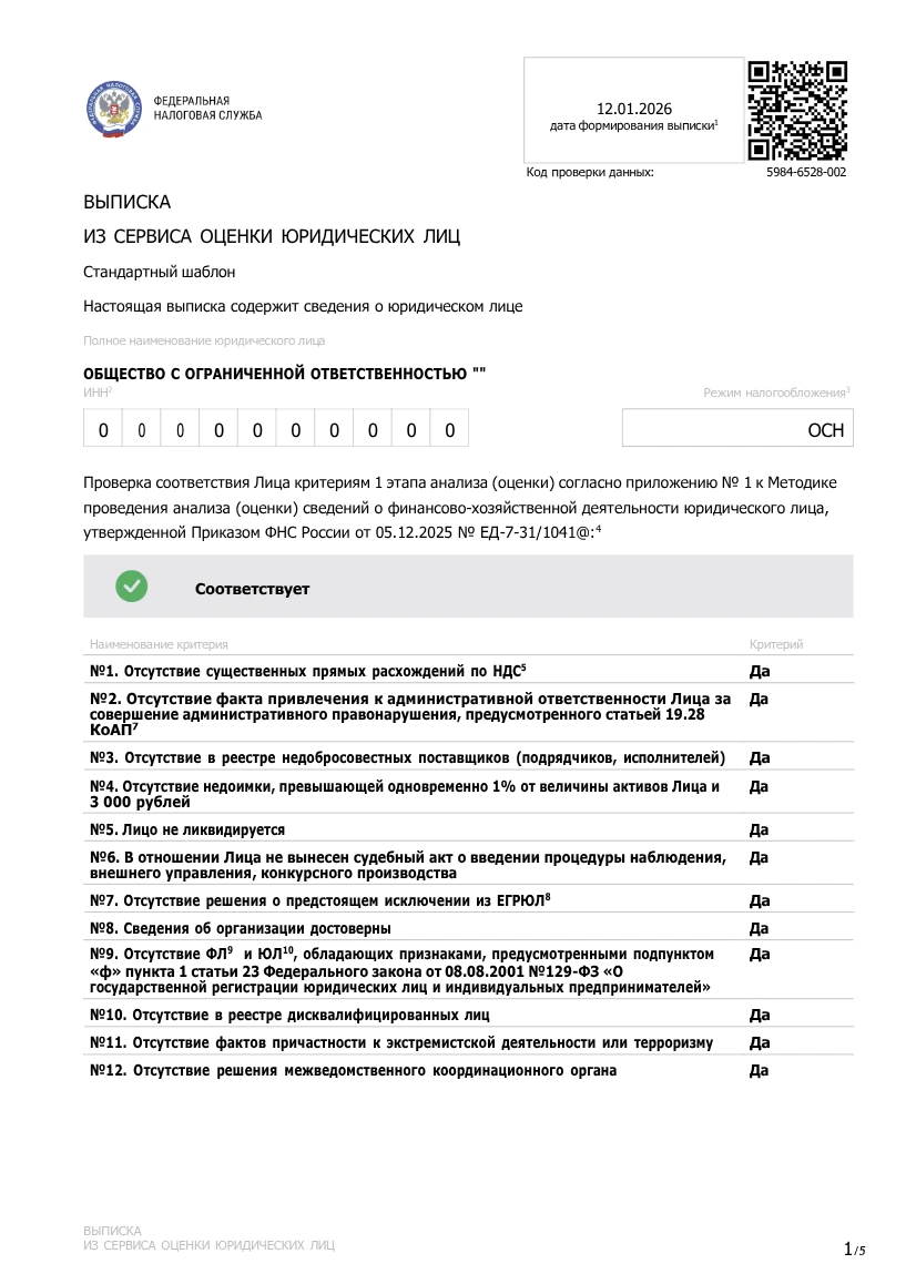 Иллюстрация 2: Сервис оценки юридических лиц ФНС: что это, как получить выписку и почему это меняет госзакупки Шаблон выписки из сервиса оценки юридических лиц ФНС